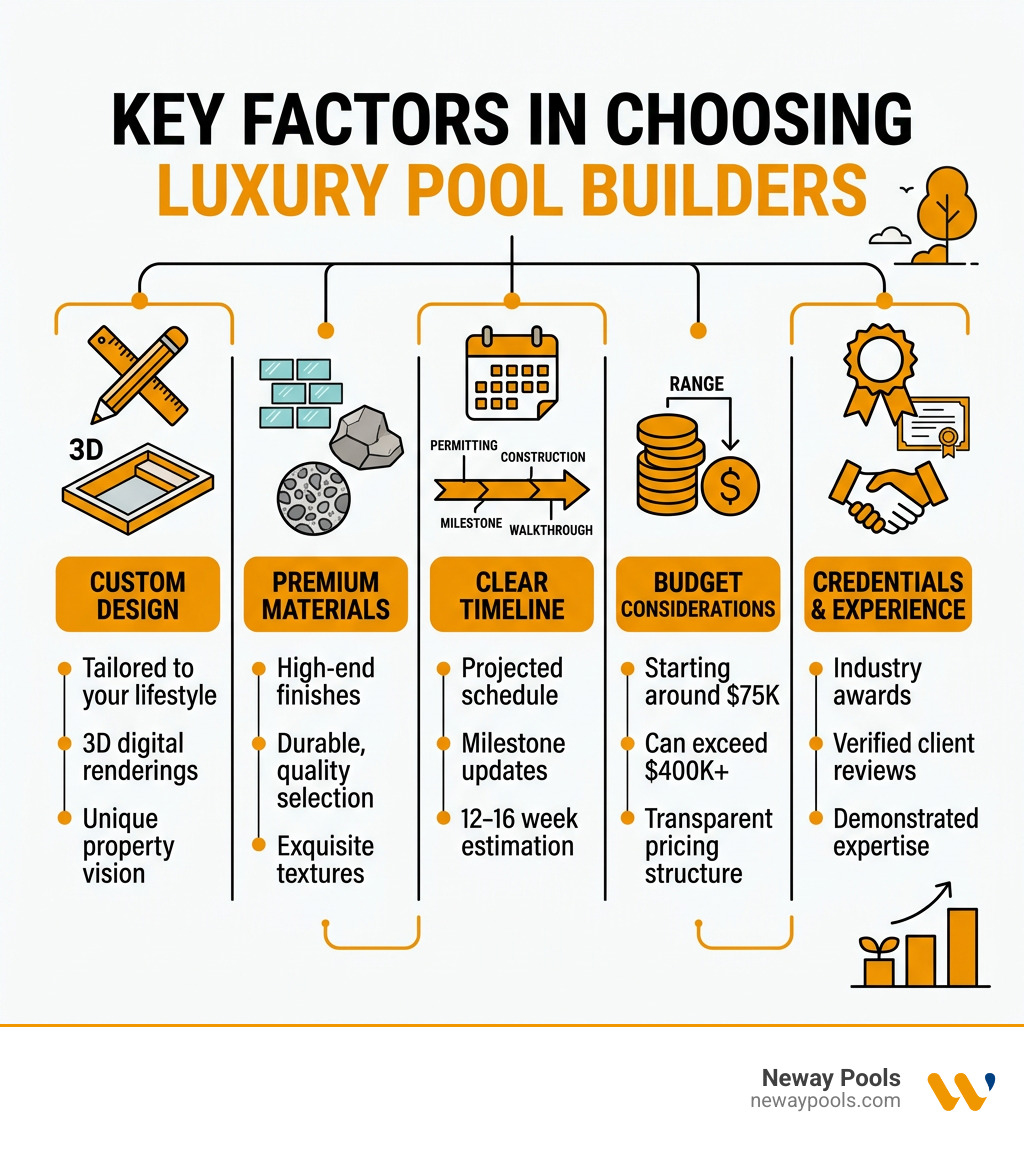 Infographic showing key factors in choosing luxury pool builders: custom design, materials, timeline, cost range, and Infographic showing key factors in choosing luxury pool builders: custom design, materials, timeline, cost range, and