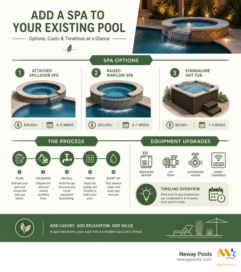 Steps and options for adding a spa to an existing pool: types, costs, and timelines overview infographic Steps and options for adding a spa to an existing pool: types, costs, and timelines overview infographic
