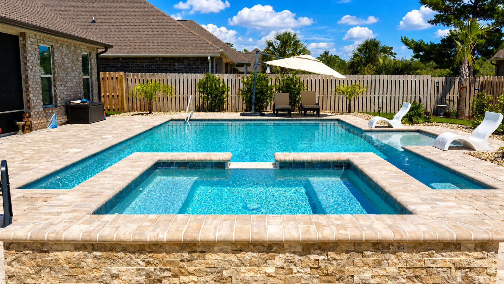 Custom gunite pool with raised spa and tanning ledge by Neway Pools Custom gunite pool with raised spa and tanning ledge by Neway Pools