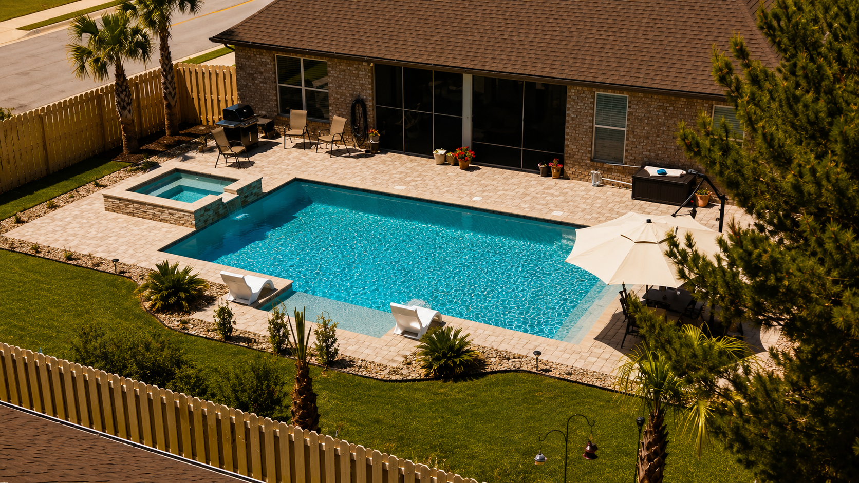 Custom pool with raised spa and paver deck by Neway Pools Custom pool with raised spa and paver deck by Neway Pools