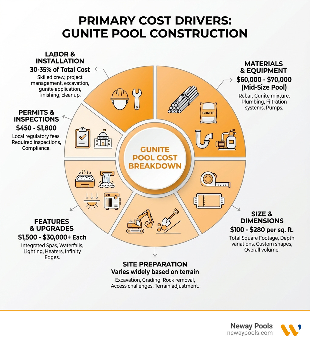 infographic showing the primary cost drivers for a gunite pool: a pie chart or breakdown visual with sections for Size & Dimensions (square footage and depth), Labor & Installation (30-35% of total), Materials & Equipment (rebar, gunite, plumbing, filtration), Site Preparation (excavation, grading, rock removal), Features & Upgrades (spas, waterfalls, lighting, heaters), and Permits & Inspections, with approximate cost ranges or percentages for each category - cost to build a gunite pool infographic infographic showing the primary cost drivers for a gunite pool: a pie chart or breakdown visual with sections for Size & Dimensions (square footage and depth), Labor & Installation (30-35% of total), Materials & Equipment (rebar, gunite, plumbing, filtration), Site Preparation (excavation, grading, rock removal), Features & Upgrades (spas, waterfalls, lighting, heaters), and Permits & Inspections, with approximate cost ranges or percentages for each category - cost to build a gunite pool infographic