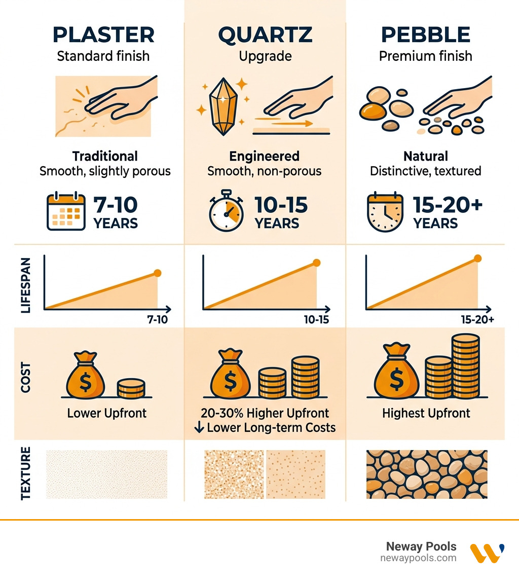 Infographic comparing lifespan, cost, and texture of plaster, quartz, and pebble pool finishes - quartz pool finish upgrade Infographic comparing lifespan, cost, and texture of plaster, quartz, and pebble pool finishes - quartz pool finish upgrade