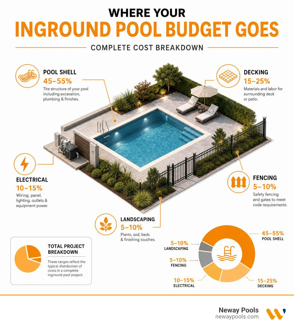 Breakdown of inground pool construction costs including shell, decking, electrical, fencing, and landscaping infographic Breakdown of inground pool construction costs including shell, decking, electrical, fencing, and landscaping infographic