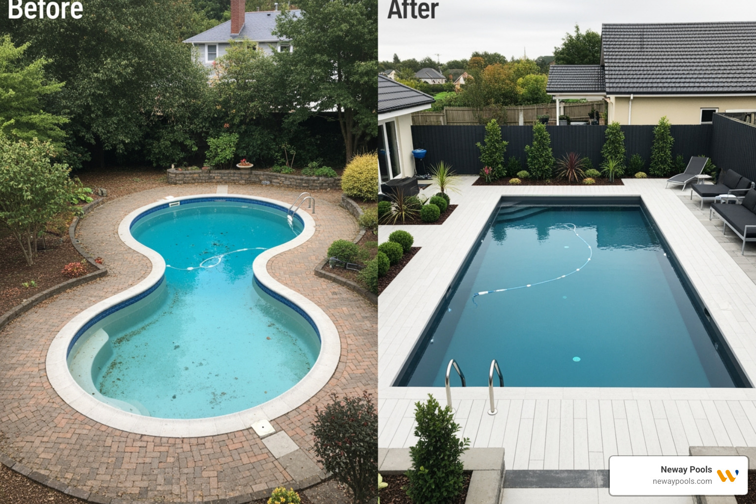 A figure-8 pool transformed into a sleek rectangular design with modern decking - backyard pool makeovers before and after