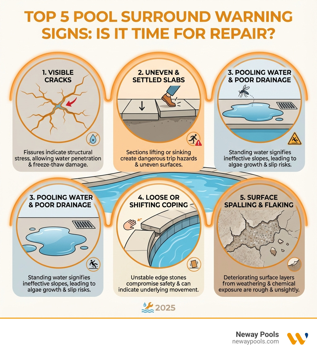 Infographic explaining the top 5 warning signs that your pool surround needs repair, such as cracks, uneven slabs, and pooling water - pool surround repairs infographic Infographic explaining the top 5 warning signs that your pool surround needs repair, such as cracks, uneven slabs, and pooling water - pool surround repairs infographic
