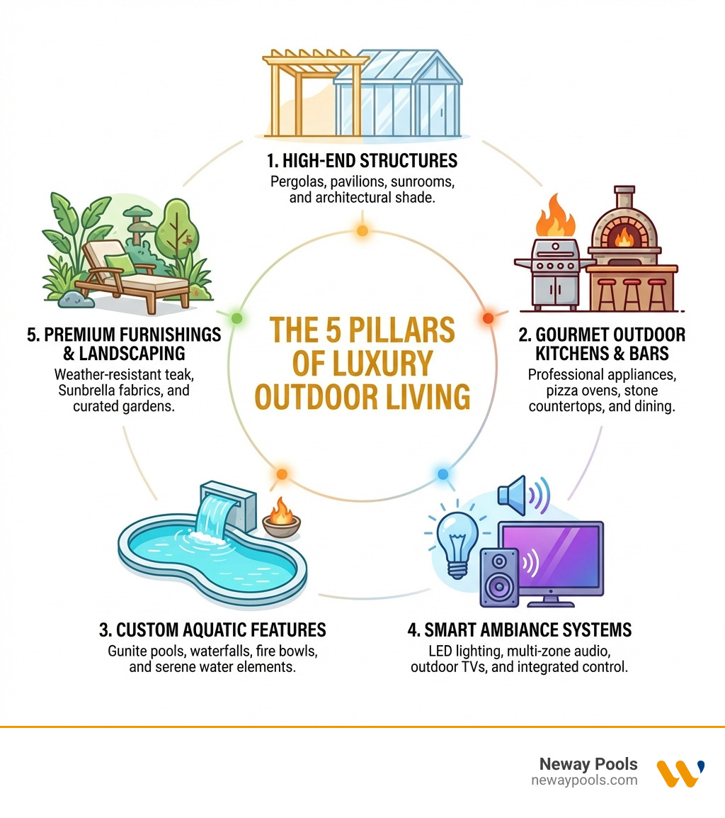Infographic showing the 5 pillars of luxury outdoor living: 1. High-End Structures (pergolas, pavilions, sunrooms), 2. Gourmet Outdoor Kitchens and Bars (professional appliances, pizza ovens, stone countertops), 3. Custom Aquatic Features (gunite pools, waterfalls, fire bowls), 4. Smart Ambiance Systems (LED lighting, multi-zone audio, outdoor TVs), 5. Premium Furnishings and Landscaping (weather-resistant teak, Sunbrella fabrics, themed gardens) โ each pillar illustrated with a clean icon and a one-line description - Luxury outdoor living infographic Infographic showing the 5 pillars of luxury outdoor living: 1. High-End Structures (pergolas, pavilions, sunrooms), 2. Gourmet Outdoor Kitchens and Bars (professional appliances, pizza ovens, stone countertops), 3. Custom Aquatic Features (gunite pools, waterfalls, fire bowls), 4. Smart Ambiance Systems (LED lighting, multi-zone audio, outdoor TVs), 5. Premium Furnishings and Landscaping (weather-resistant teak, Sunbrella fabrics, themed gardens) โ each pillar illustrated with a clean icon and a one-line description - Luxury outdoor living infographic