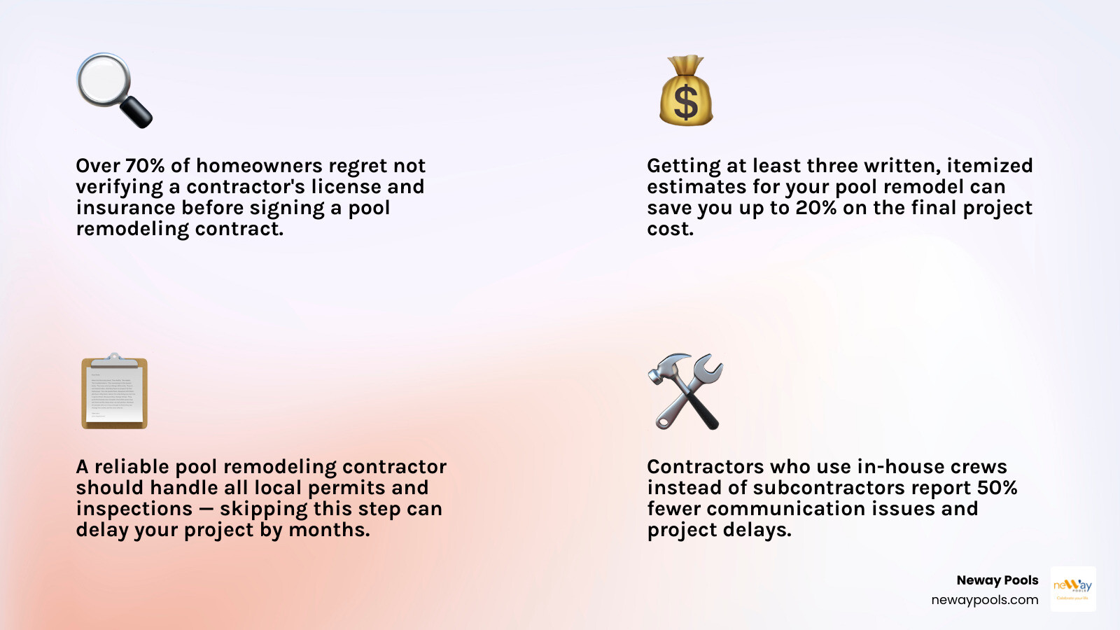Pool remodeling contractor selection checklist โ costs, timelines, finishes, and contractor criteria infographic Pool remodeling contractor selection checklist โ costs, timelines, finishes, and contractor criteria infographic