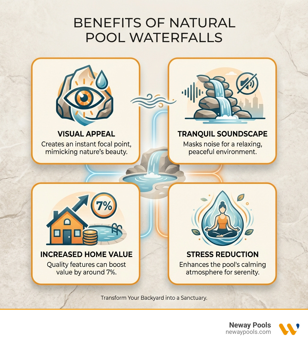 Infographic showing the top 4 benefits of pool waterfalls: Visual Appeal with a focal point icon, Tranquil Soundscape with sound waves icon, Increased Home Value showing 7% increase, and Stress Reduction with a relaxation icon - Natural rock waterfalls infographic Infographic showing the top 4 benefits of pool waterfalls: Visual Appeal with a focal point icon, Tranquil Soundscape with sound waves icon, Increased Home Value showing 7% increase, and Stress Reduction with a relaxation icon - Natural rock waterfalls infographic