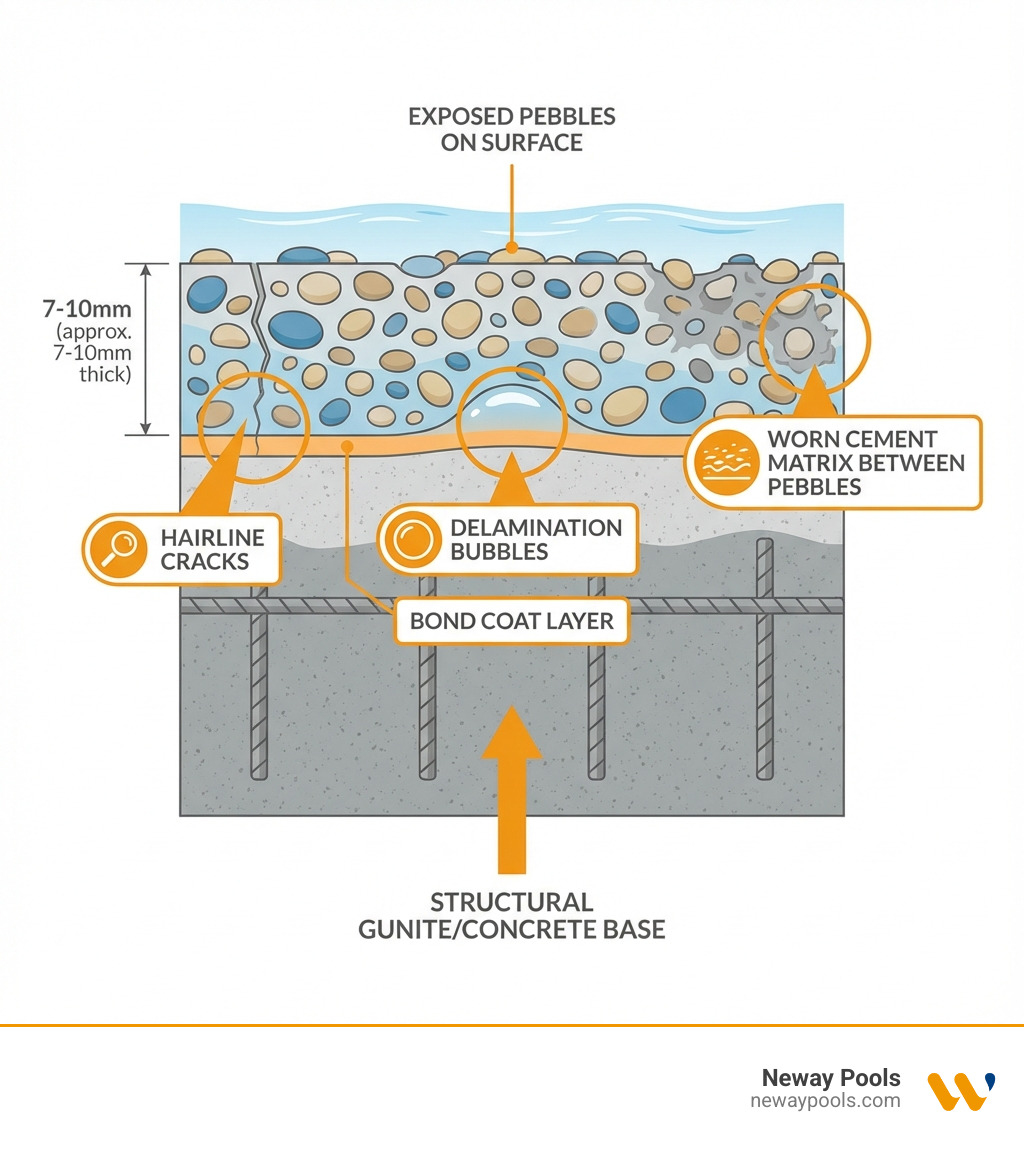 Detailed infographic showing cross-section of a gunite pool shell with layers labeled: structural gunite/concrete base, bond coat layer, pebblecrete aggregate finish approximately 7-10mm thick, and exposed pebbles on surface. Includes common problem areas like hairline cracks, delamination bubbles, and worn cement matrix between pebbles. - pebblecrete pool repairs infographic 