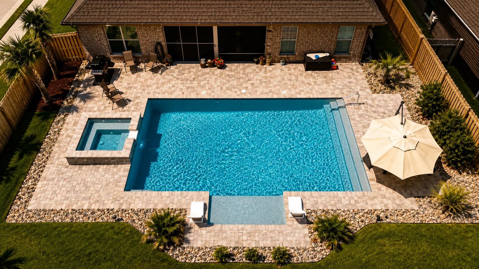 Aerial view of a custom backyard pool built by Neway Pools Aerial view of a custom backyard pool built by Neway Pools