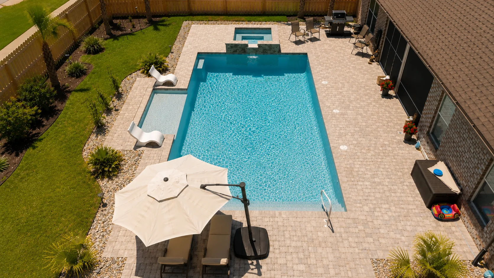 Aerial view of a custom backyard pool built by Neway Pools