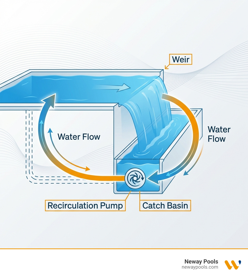 detailed infographic showing infinity pool mechanics with labeled weir, catch basin, recirculation pump, and water flow arrows demonstrating how water overflows the edge and returns to the main pool - infinity edge pools infographic 