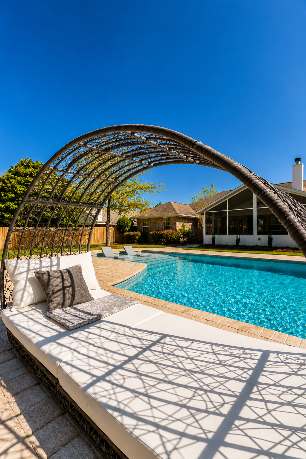 Poolside shaded lounge area beside a custom pool by Neway Pools