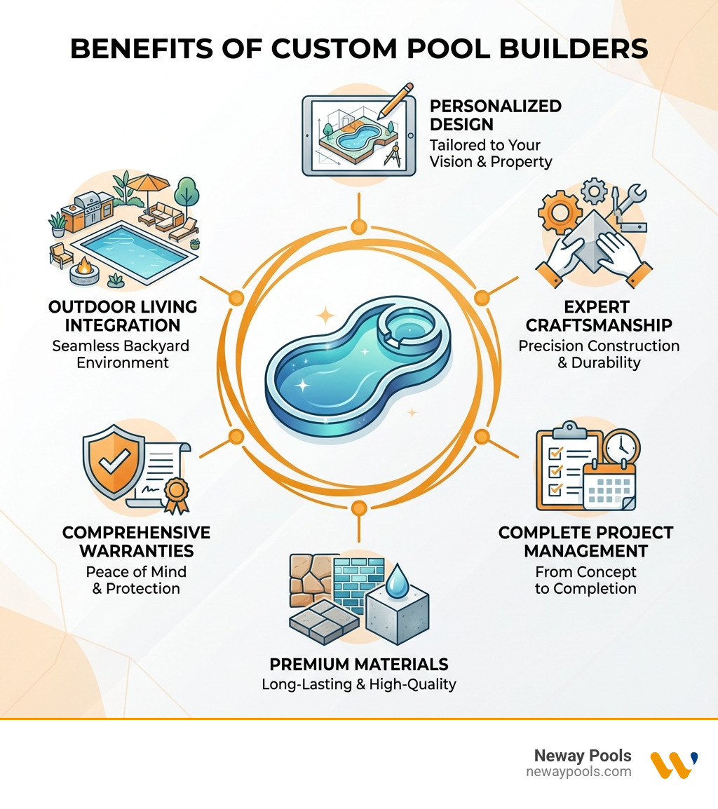 infographic showing benefits of custom pool builders including personalized design, expert craftsmanship, complete project management, premium materials, comprehensive warranties, and outdoor living integration - custom swimming pool builders infographic infographic showing benefits of custom pool builders including personalized design, expert craftsmanship, complete project management, premium materials, comprehensive warranties, and outdoor living integration - custom swimming pool builders infographic