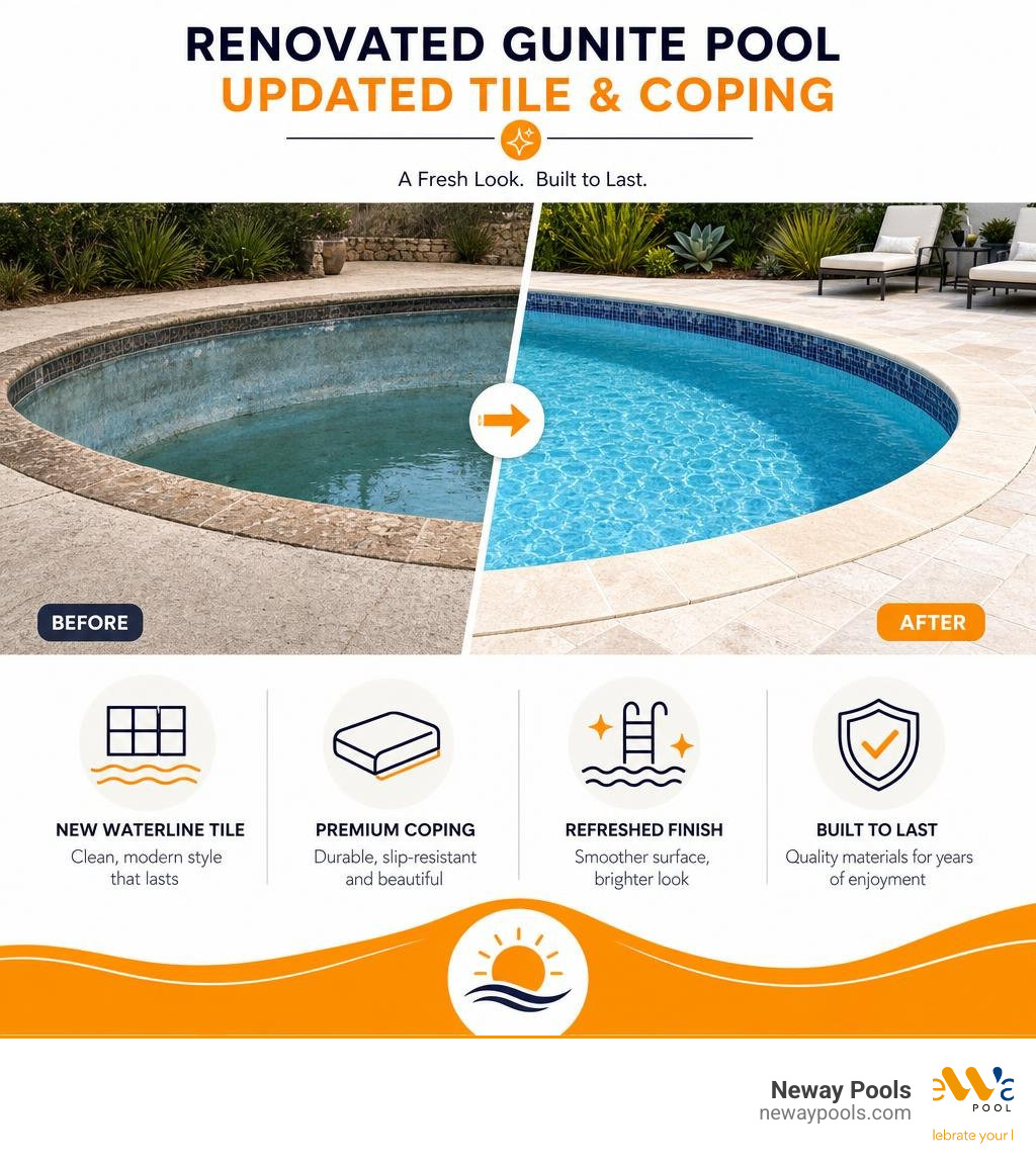 renovated gunite pool with updated tile and coping infographic
