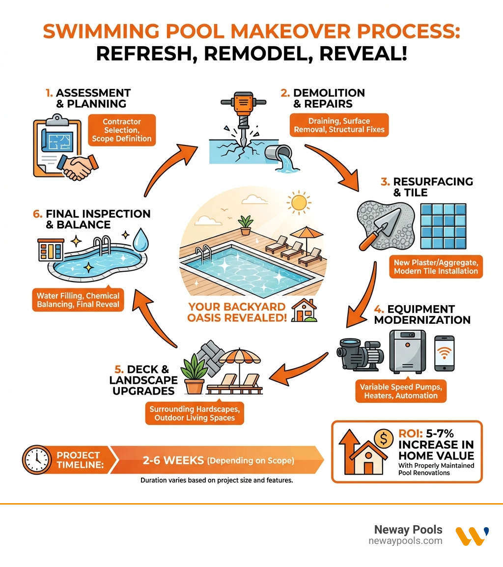 Infographic showing the swimming pool makeover process: 1) Assessment and planning phase with contractor selection, 2) Demolition and structural repairs including draining and surface removal, 3) Resurfacing with new plaster or aggregate finishes and tile installation, 4) Equipment modernization with pumps, heaters, and automation, 5) Deck and landscape upgrades surrounding the pool, 6) Final inspection, water filling, and chemical balancing. Timeline typically ranges from 2-6 weeks depending on project scope. ROI shows 5-7% increase in home value with properly maintained pool renovations. - swimming pool makeover infographic 