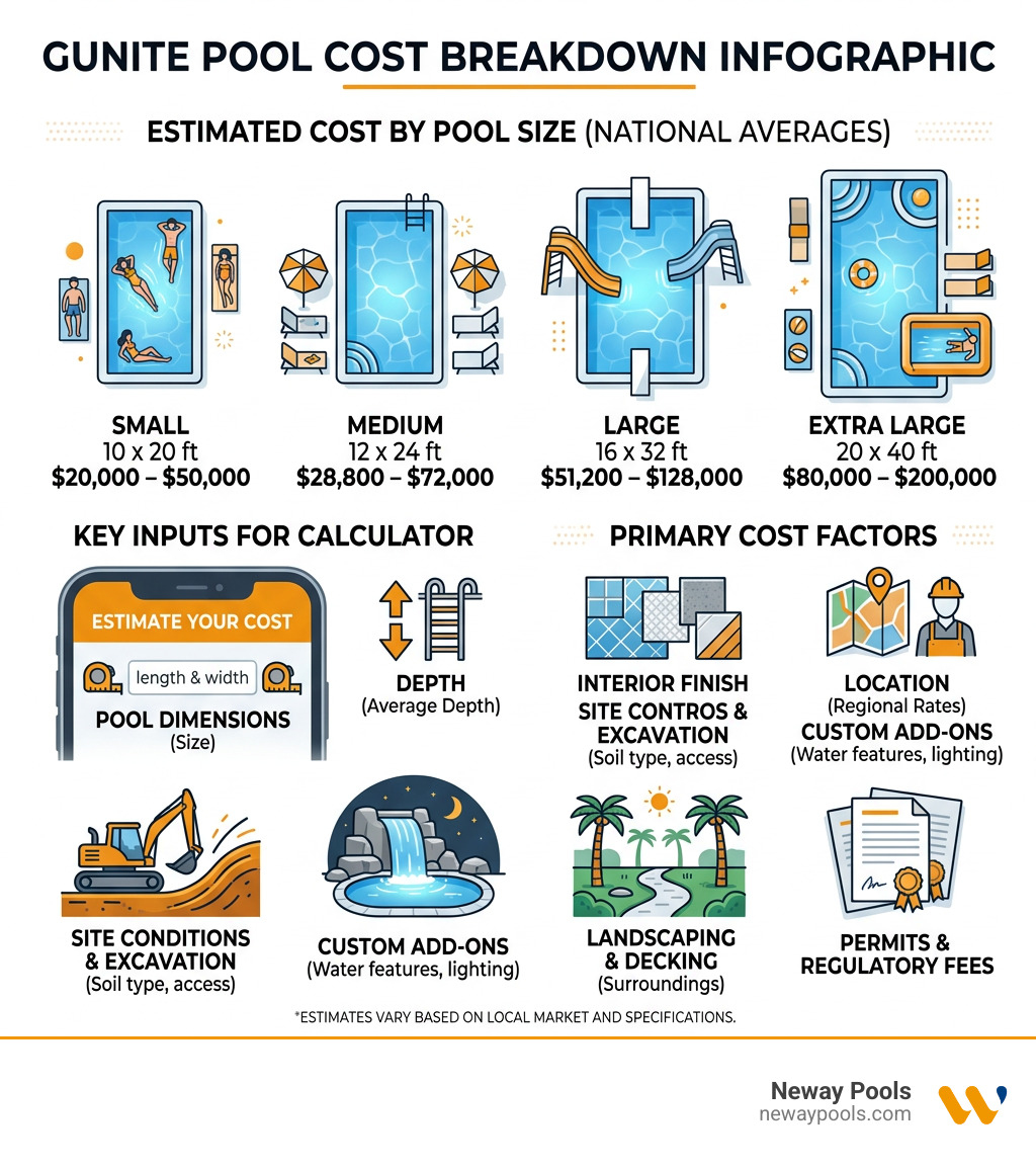 Gunite pool cost breakdown infographic showing average costs by size, key inputs for calculator, and cost factors - gunite Gunite pool cost breakdown infographic showing average costs by size, key inputs for calculator, and cost factors - gunite