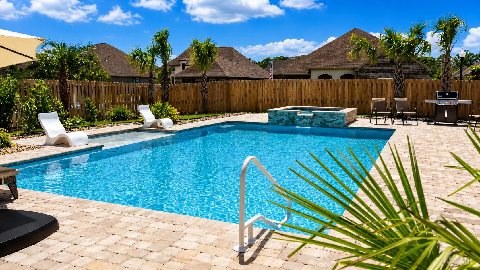 Aerial view of a custom backyard pool built by Neway Pools Aerial view of a custom backyard pool built by Neway Pools