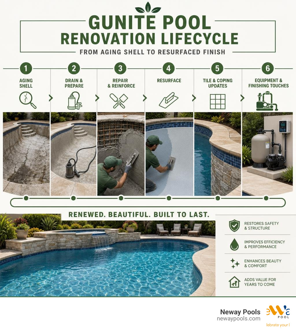 Gunite pool renovation lifecycle from aging shell to resurfaced finish infographic