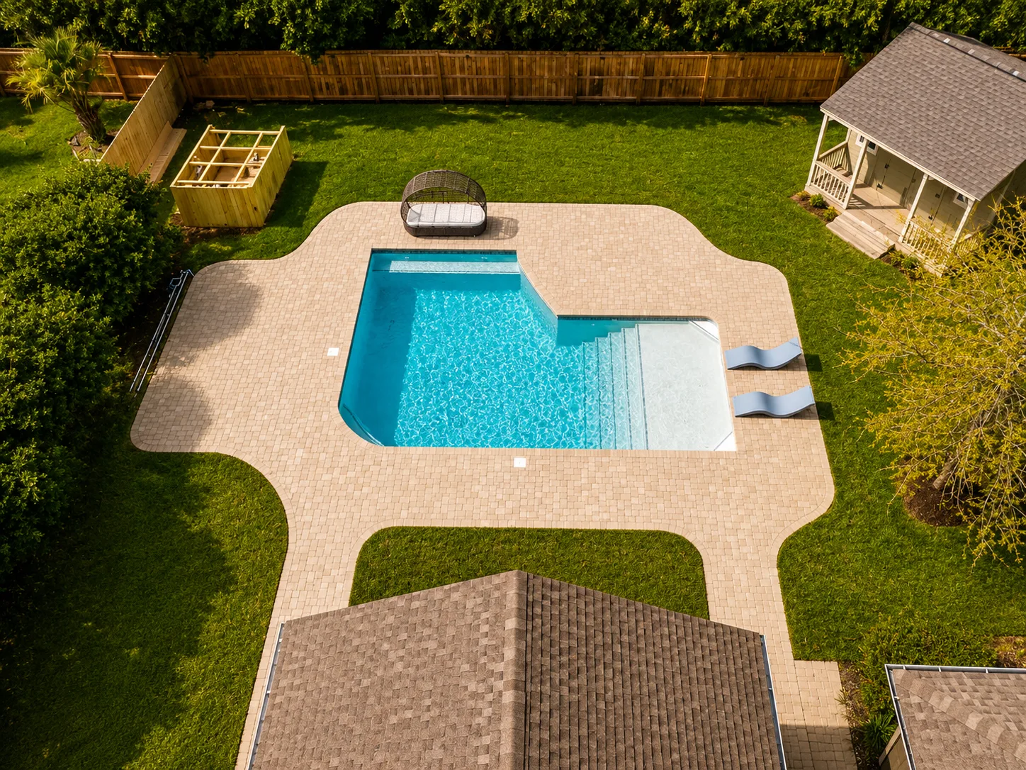 Aerial view of a custom backyard pool built by Neway Pools