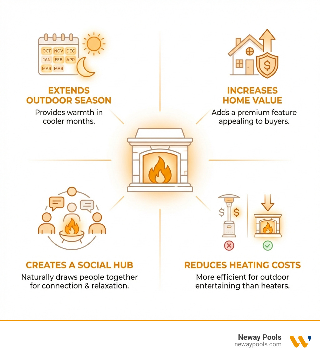 Infographic showing the key benefits of outdoor fireplaces: extends outdoor season by providing warmth in cooler months, increases home value by adding a premium feature that appeals to buyers, creates a social hub that naturally draws people together for conversation and relaxation, and reduces heating costs for outdoor entertaining compared to patio heaters - outdoor fireplace design infographic 
