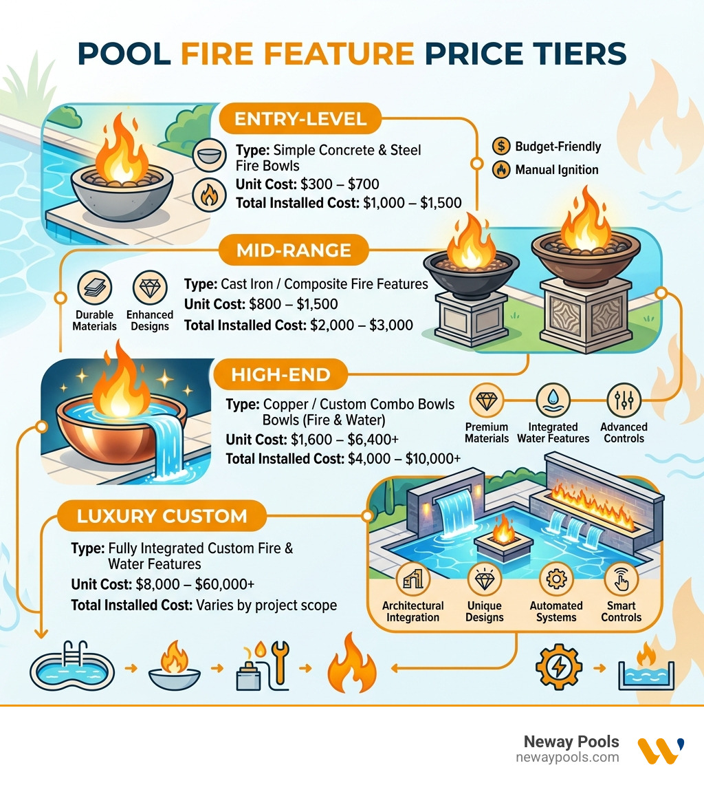 Infographic showing pool fire feature types and their price tiers from entry-level to luxury custom - pool fire feature cost