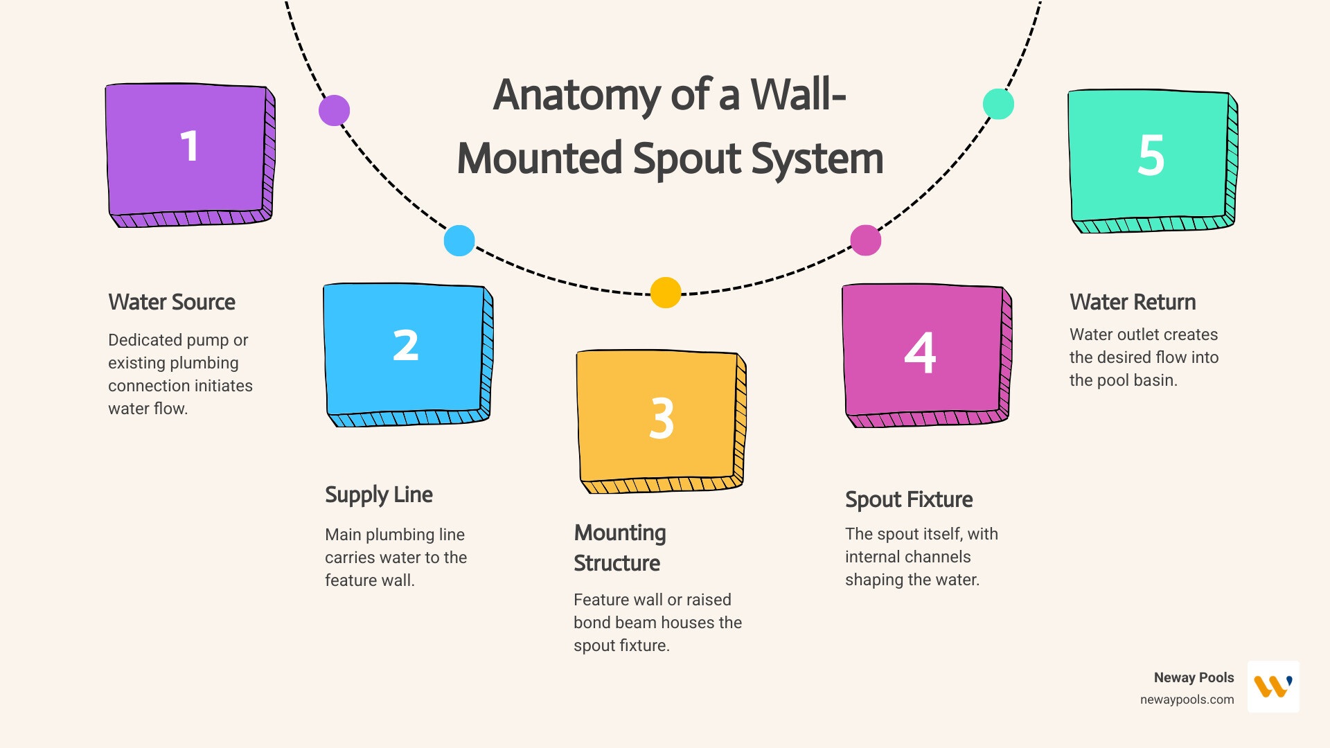 Infographic showing the anatomy of a wall-mounted pool water feature spout system, including the dedicated pump or plumbing connection, main supply line, feature wall or raised bond beam mounting structure, the spout fixture itself (showing internal water channel), water outlet creating the desired flow pattern, and the pool basin receiving the cascading water - pool water feature spouts infographic process-5-steps-informal