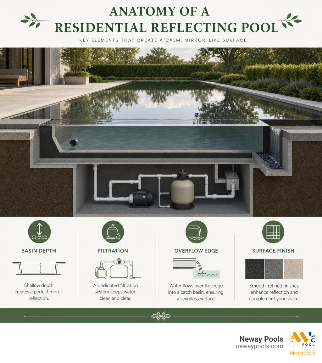 Anatomy of a residential reflecting pool: basin depth, filtration, overflow edge, and surface finish infographic Anatomy of a residential reflecting pool: basin depth, filtration, overflow edge, and surface finish infographic