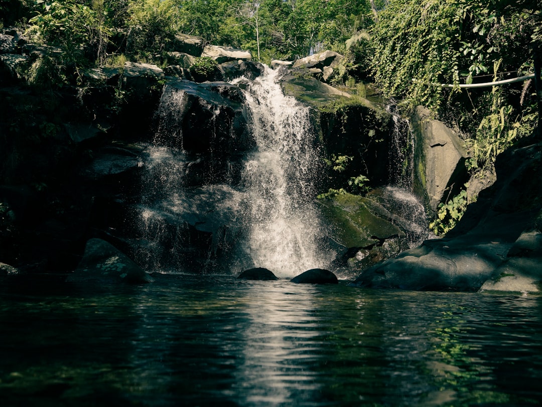 natural rock waterfall cascading into a lagoon-style pool - water feature for pool area