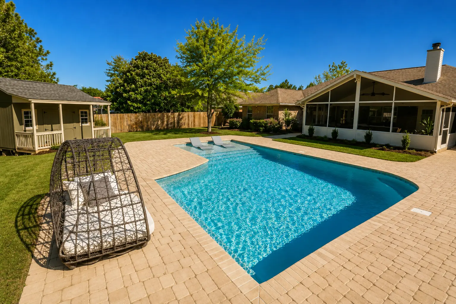 Custom pool with sun shelf and paver deck in a landscaped backyard by Neway Pools