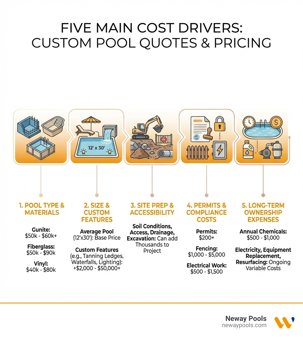 Infographic showing the five main cost drivers for custom pool quotes: pool type and materials, size and custom features, site preparation and accessibility, permits and compliance costs, and long-term ownership expenses with typical price ranges for each category - custom pool quotes infographic 