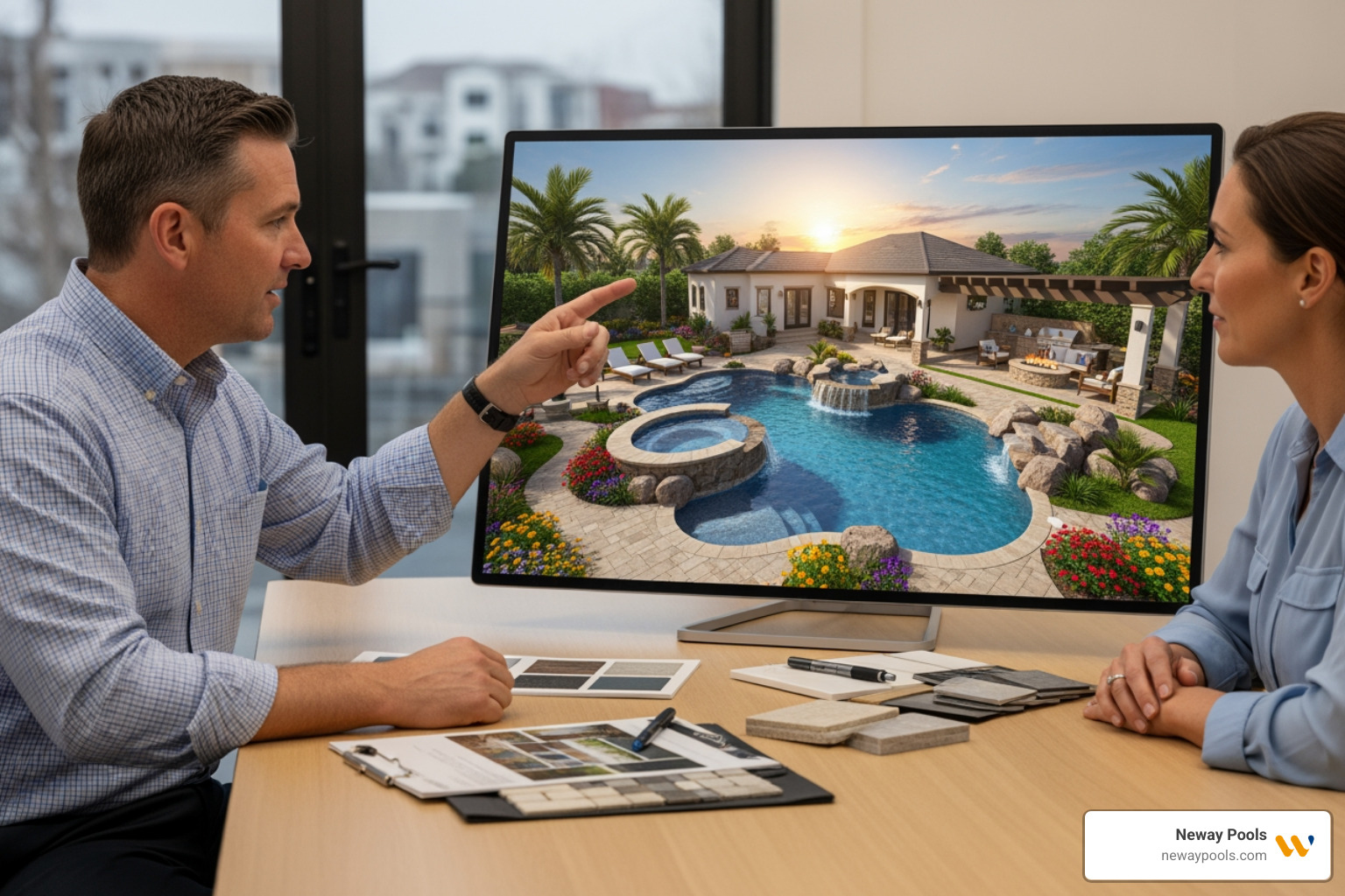 design consultation with a builder showing 3D renderings to a client - pool builder Naples FL